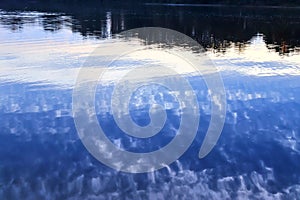 Detailed close up view on reflective water surface with waves and ripples taken at a lake