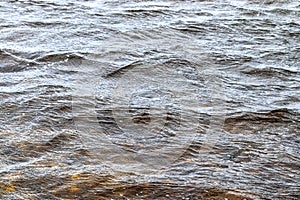 Detailed close up view on reflective water surface with waves and ripples taken at a lake