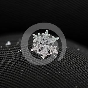A detailed, close-up view of a snowflake displaying its intricate, symmetrical