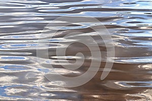 Detailed close up view on water surface with reflection sunlight at the waves and ripples