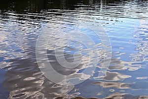 Detailed close up view on water surface with reflection sunlight at the waves and ripples