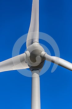 Detailed close up view of a wind turbine; generator