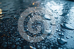 A detailed close up of water droplets on a sanitized and polished black surface