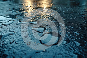 A detailed close up of water droplets on a sanitized and polished black surface