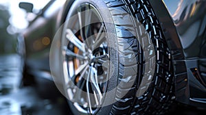 Detailed close-up of the wheel and tire of a modern sports car. Black luxury car with large alloy wheels. Shallow depth