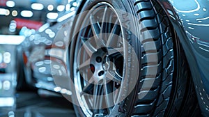 Detailed close-up of the wheel and tire of a modern sports car. Black luxury car with large alloy wheels. Shallow depth