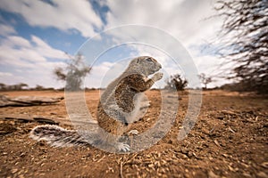 A detailed close-up wide angle portrait photograph of a ground squirrel