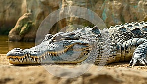 Detailed close up of a wild crocodile in its natural habitat, capturing intricate features