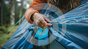 Detailed close up of young woman s hands unzipping tent flap in a precise and focused view