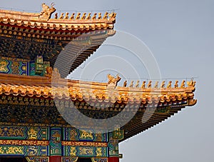 A detailed closeup of the Chinese Roofs architecture at the Forbidden City in Beijing, China. The Palace of Heavenly Purity