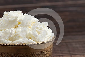 Detailed Closeup Of Freshly Churned White Butter Also Known As Safed Makhan Malai Or Homemade Makkhan In India Is Enjoyed With