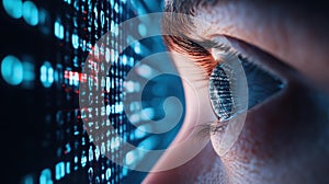 A detailed closeup of a human eye, reflecting a stream of binary code, symbolizing digital innovation and connectivity