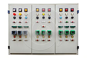 Detailed Closeup of an Industrial Electric Control Panel Box Isolated on White Background for Engineering and