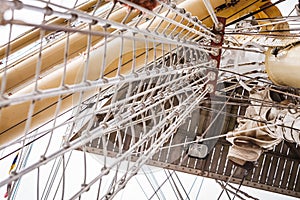 Detailed closeup of mast rigging on sail boat