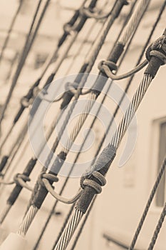 Detailed closeup of mast rigging on sail boat