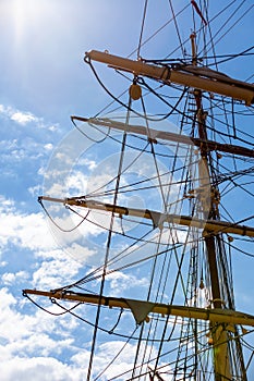 Detailed closeup of mast rigging top on sail boat