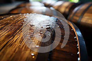 Detailed closeup reveals the rich texture of a wooden barrel, perfect backdrop