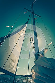 Detailed closeup of sail on sailboat