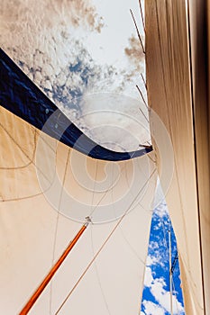 Detailed closeup of sail on sailboat