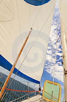 Detailed closeup of sail on sailboat