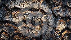 Detailed closeup shot of a tree trunk with numerous cracks and patterns