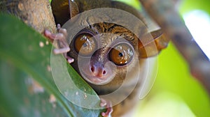 A detailed closeup of a tiny tarsier with its eyes wide open as if cautiously scanning its surroundings