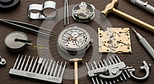 A detailed collection of watchmaking tools and components arranged on a brown