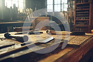 Workbench with Carpentry Tools and Woodworking Instruments in a Dusty Workshop