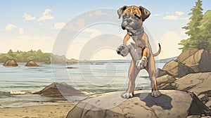 Detailed Comic Book Art: Boxer On Rock By The Ocean