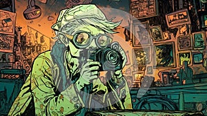 Detailed comic-book art of a photographer, AI-generated