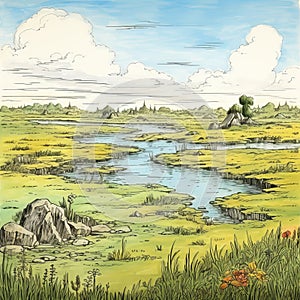 Detailed Comic Book Art Of A Tidal Marsh Watered By The Sky