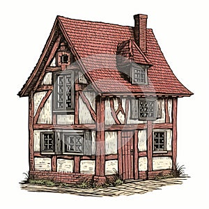 Detailed Comic Book Style Illustration Of A Halftimbered House