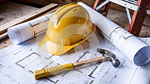 Detailed construction blueprint showcasing building plans and tools for engineering and architectural projects. Industry concept