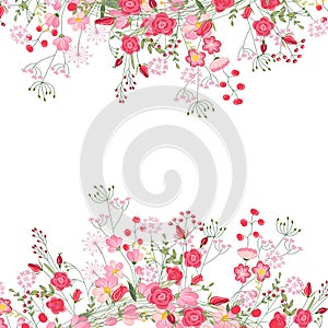 Detailed contour square frame with herbs, roses and wild flowers isolated on white. Greeting card for your design.