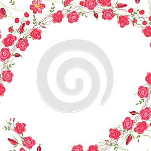 Detailed contour square frame with herbs, roses and wild flowers isolated on white.