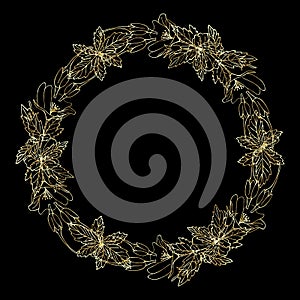 Detailed contour wreath with flowers isolated on black. Round frame for your design, greeting cards, wedding announcements,