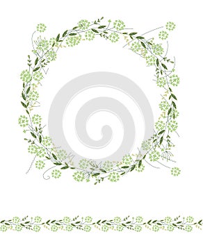 Detailed contour wreath and seamless pattern brush with herbs and wild flowers isolated on white. Endless horizontal texture for