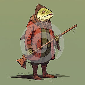 Detailed Costume Artist With Fish Illustration In Frogcore And Wizardcore Style