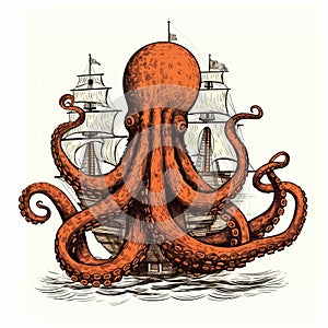 Detailed Crosshatched Illustration Of An Old Octopus On A Ship