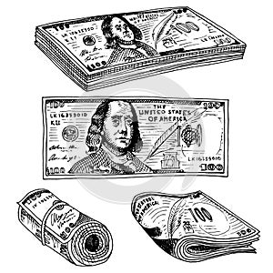 Detailed currency banknotes or american Franklin Green 100 dollars or cash and coin. engraved hand drawn in old sketch