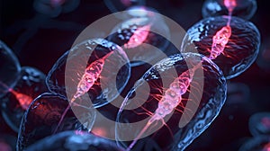 A detailed 3D illustration of cell division.