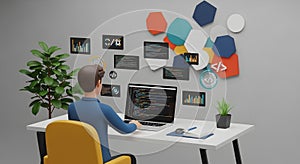 3D illustration of a programmer working on a laptop, surrounded by code and data visuals