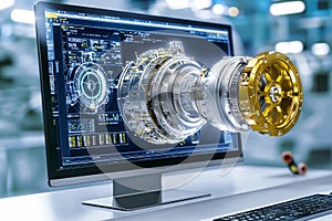 Advanced 3D CAD Model of Turbine Engine on Computer Screen Industrial Design Software AI generated.