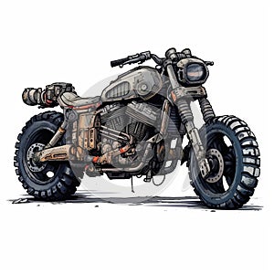 Detailed 2d Post-apocalyptic Motorcycle On Isolated White Background photo