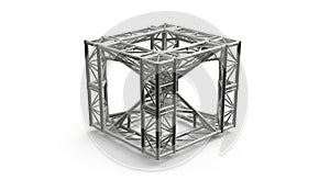3D Render of a Metallic Cube Truss Structure on a White Background cubic