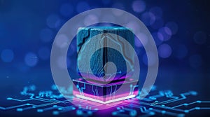 Futuristic Blue Data Cube on Glowing Circuit Board, Digital Technology and Blockchain Concept Illustration