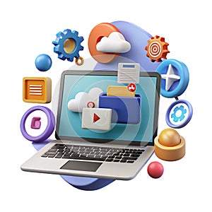 Laptop computer illustrating cloud storage digital technology services and data management