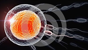 A detailed 3D-rendered image of sperm cells approaching an egg cell in a microscopic biological reproduction process