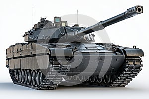 A detailed 3D rendering of a Centurion tank isolated on a white background The tank is facing the viewer with its cannon pointed photo