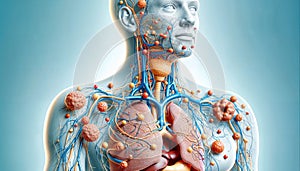 AI generated illustration of the human lymphatic system highlighting lymph nodes and vessels